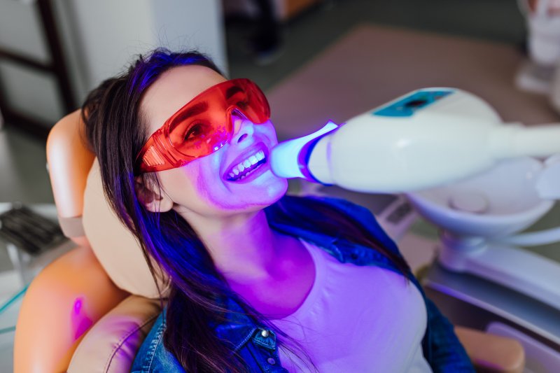 person with gray teeth undergoing whitening treatment