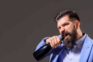 Man trying to open a bottle with his teeth